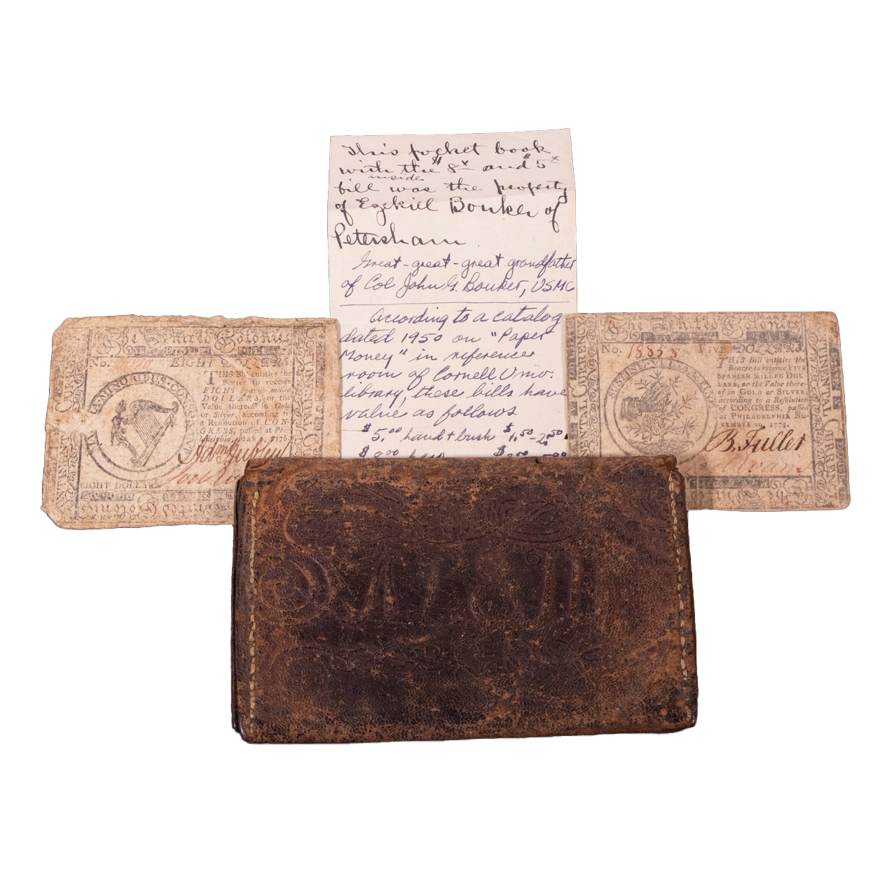 1775 REVOLUTIONARY WAR ERA IDENTIFIED WALLET W/ (2 PCS) CURRENCY