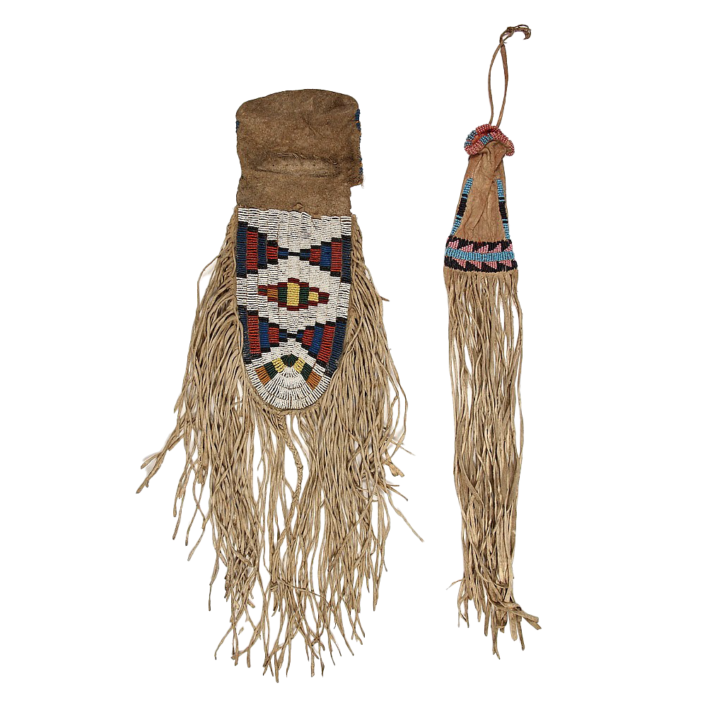 (2) NATIVE AMERICAN BUCKSKIN POUCHES - Lakota Sioux Indian Medicine Bag with large fully beaded and fringed flap over half-size bag, 14
