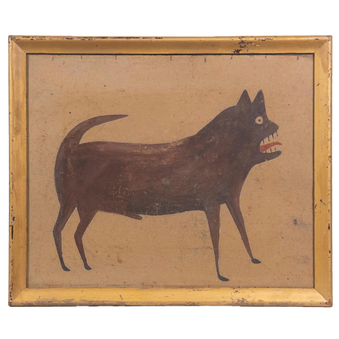 "Dog", watercolor on cardboard, unsigned (typical), in vintage gold painted ogee frame, under old glass, OS: 15 1/2" x 18 1/2", SS: 13 1/2" x 16 1/2", torn at top. Born into slavery in Alabama, Bill Traylor became one of the most celebrated 'Outsider