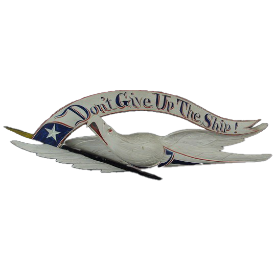 BELLAMY EAGLE - 26"L HAND CARVED PINE EAGLE BY JOHN BELLAMY IN SUPERB WHITE, RED AND BLUE PAINTED SURFACE, FROM THE ESTATE OF CAPT ULMER JOHNSON AND PASSED DOWN TO THE VOSE FAMILY OF MARSHFIELD, ME, 26"L X 8 1/2"H X 4"D, FINE ORIGINAL UNTOUCHED CONDI