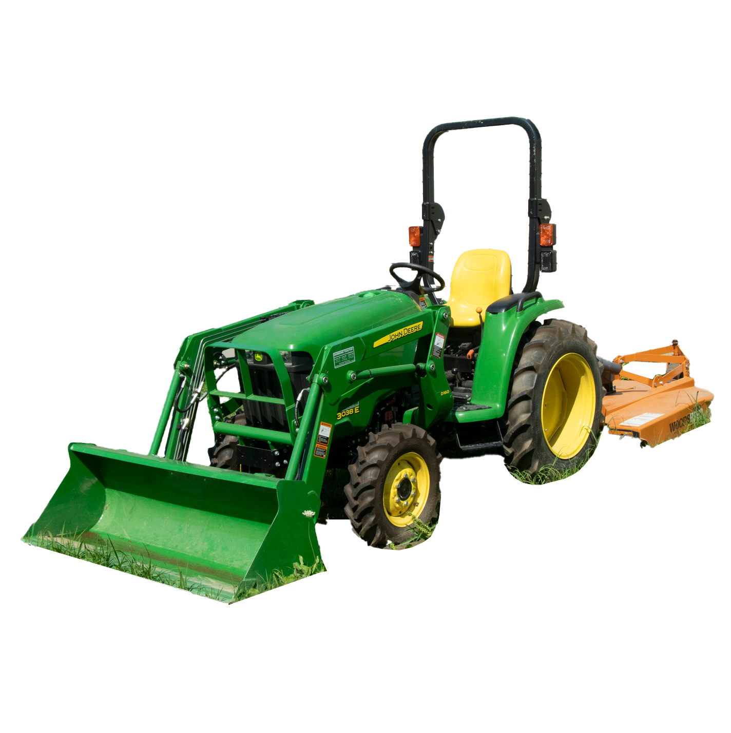 JOHN DEERE MDL. 3038E TRACTOR W/ LOADER & BUSH CUTTER