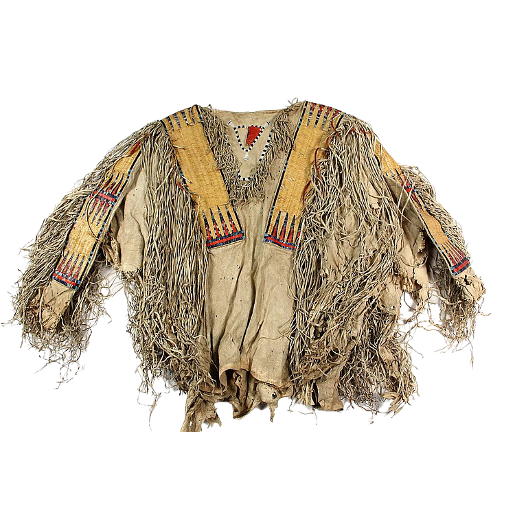 NATIVE AMERICAN WAR SHIRT - Northern Plains Indians, Hidatsa Buckskin Shirt with dyed quill & seed bead decoration, long fringe, buffal