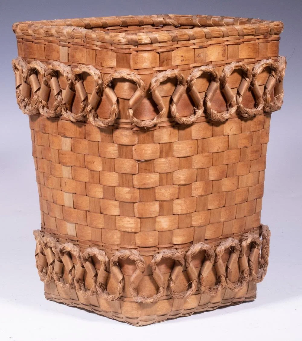 A 1920's Maine Passamaquoddy waste basket. Square Ash splint with pine needle wave decoration.