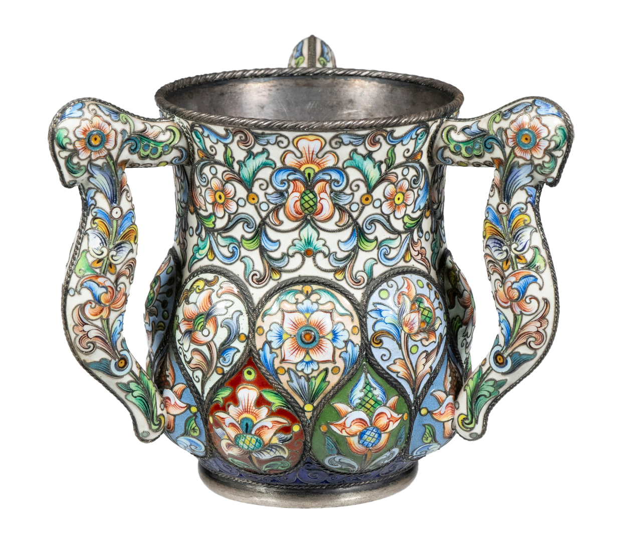 FEODOR RUCKERT SILVER CLOISONNE ENAMEL LOVING CUP