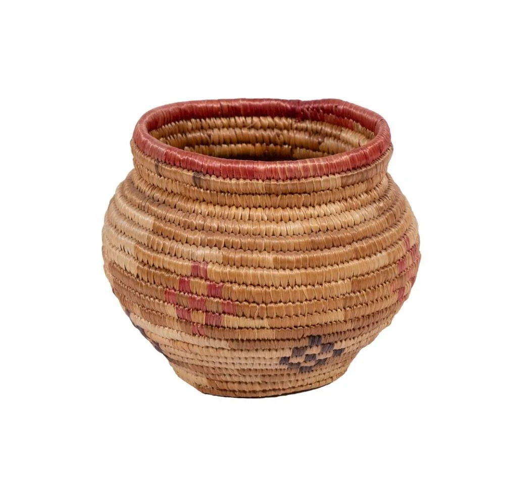 Yupik Native American Coiled Basket. Small Vintage Yupik Alaskan Basket, with polychrome checkered diamond decoration.