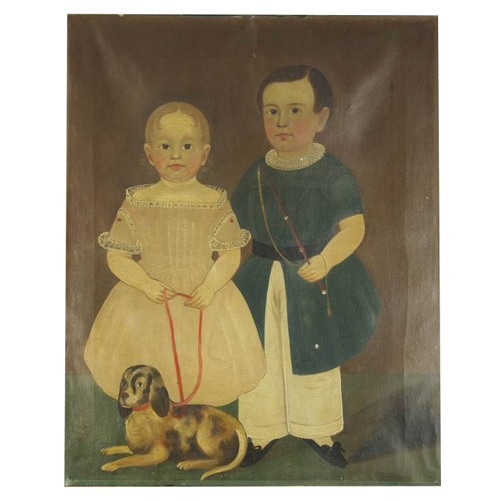 FOLK ART PORTRAIT OF TWO CHILDREN WITH FAMILY DOG, PRIOR-HAMBLEN SCHOOL (MASS., 1806-1873). THE TWO ARE ALFRED AND MALINDA CARR OF EAST BOSTON, MASS., UNFRAMED, SS: 34" X 27".