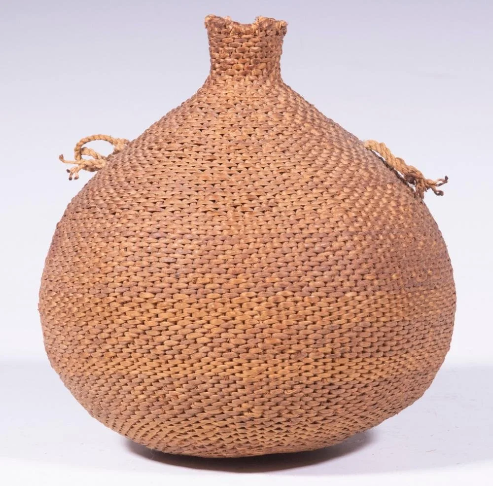 Vintage Native American Basket. Late 19th c. Paiute Canteen, ovoid with tiny neck, remnants of loop for strap, California.