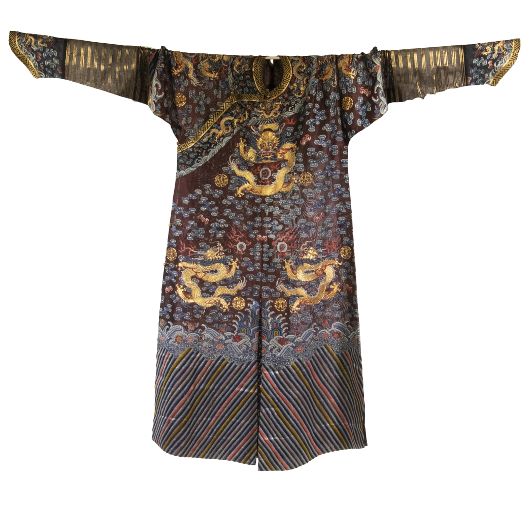 19th c. Chinese Qing Embroidered Chifu Silk Gauze Dragon Robe, with gold and multi-colored thread on brown ground