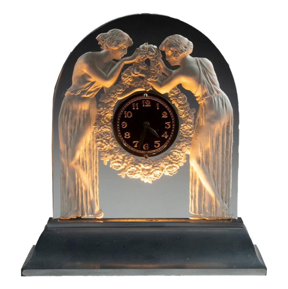 LALIQUE ART GLASS "DEUX FIGURINES" MANTEL CLOCK