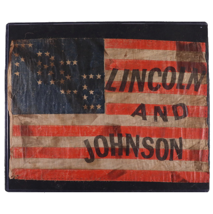 EXTREMELY RARE 1864 LINCOLN AND JOHNSON "FREE" PRESIDENTIAL CAMPAIGN FLAG, OWNED BY LT. JAMES H. CHAPPELLE 1ST REGT R.I.D.M.