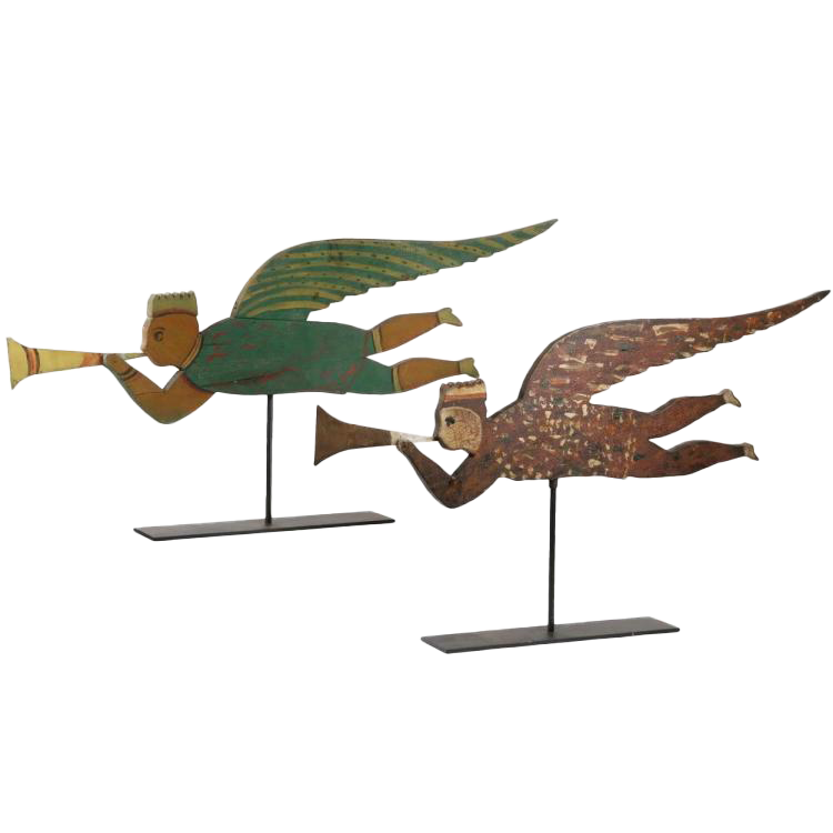 Two Folk Art Sculptures of Angel Gabriel in Flight, Blowing Trumpet, in painted pine with tin, on custom stands, the figures are 35" long, 18- 1/2" tall on stands, have different color schemes, very good condition.