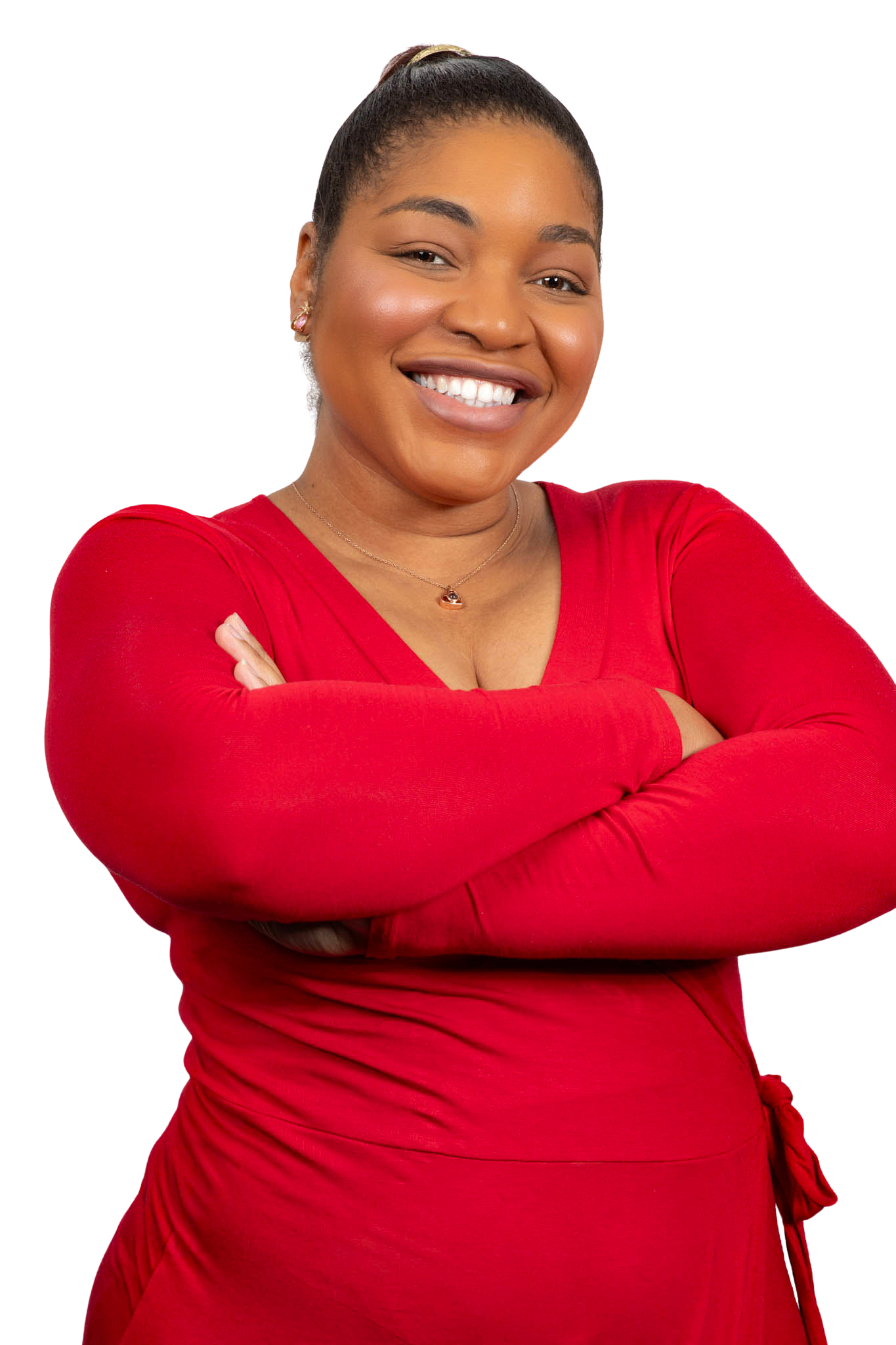 Smiling woman with long black hair pulled back in a ponytail wearing a red dress.