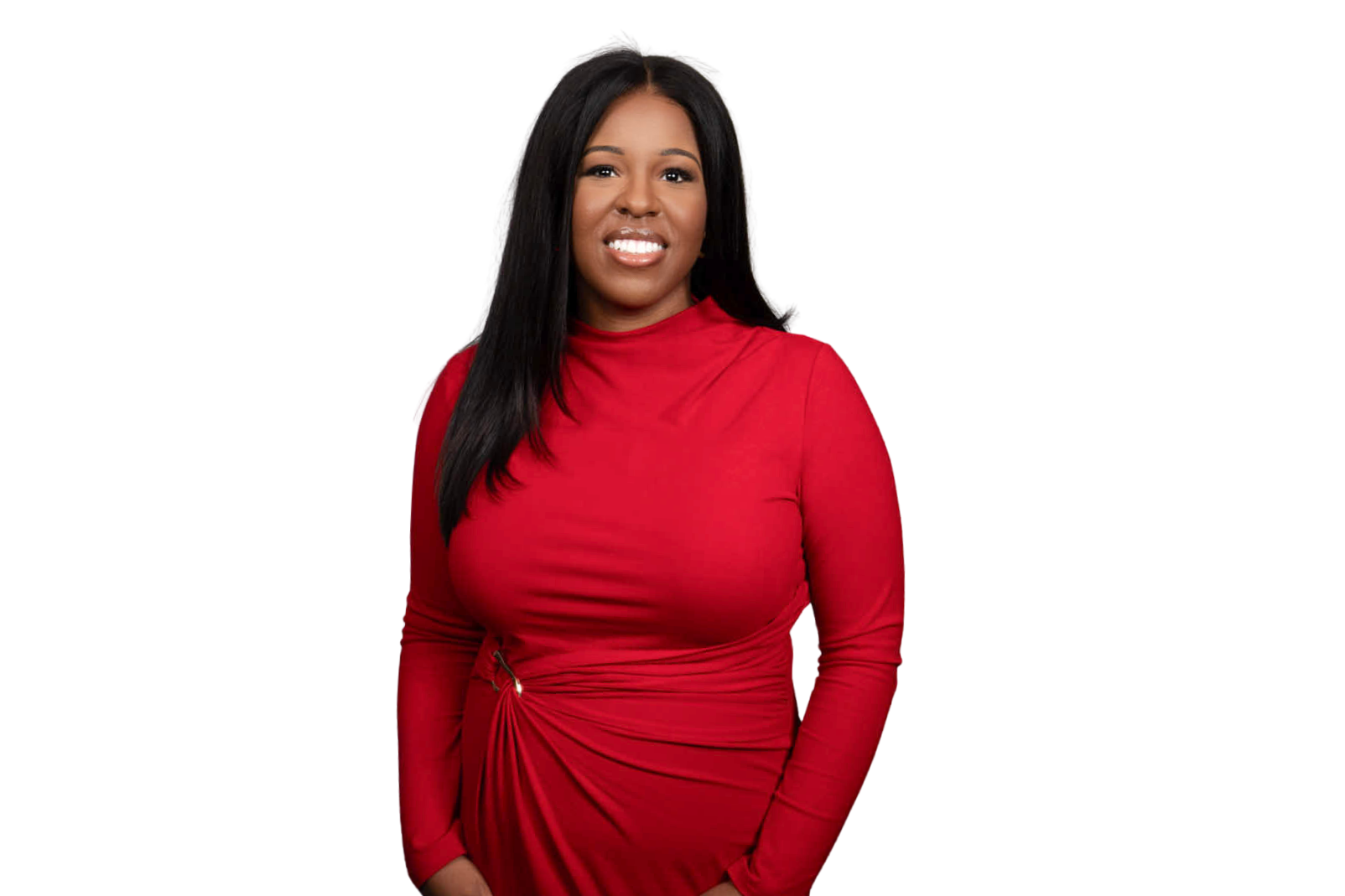 Smiling woman in red dress and long dark hair.