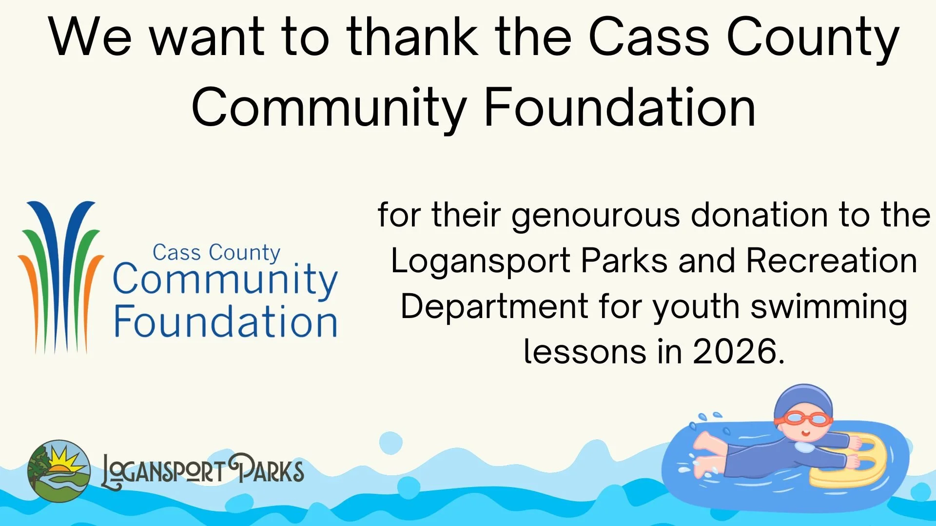 Cass County Community Foundation to Provide Free Swim Lessons at Muehlhausen Aquatic Center This Summer