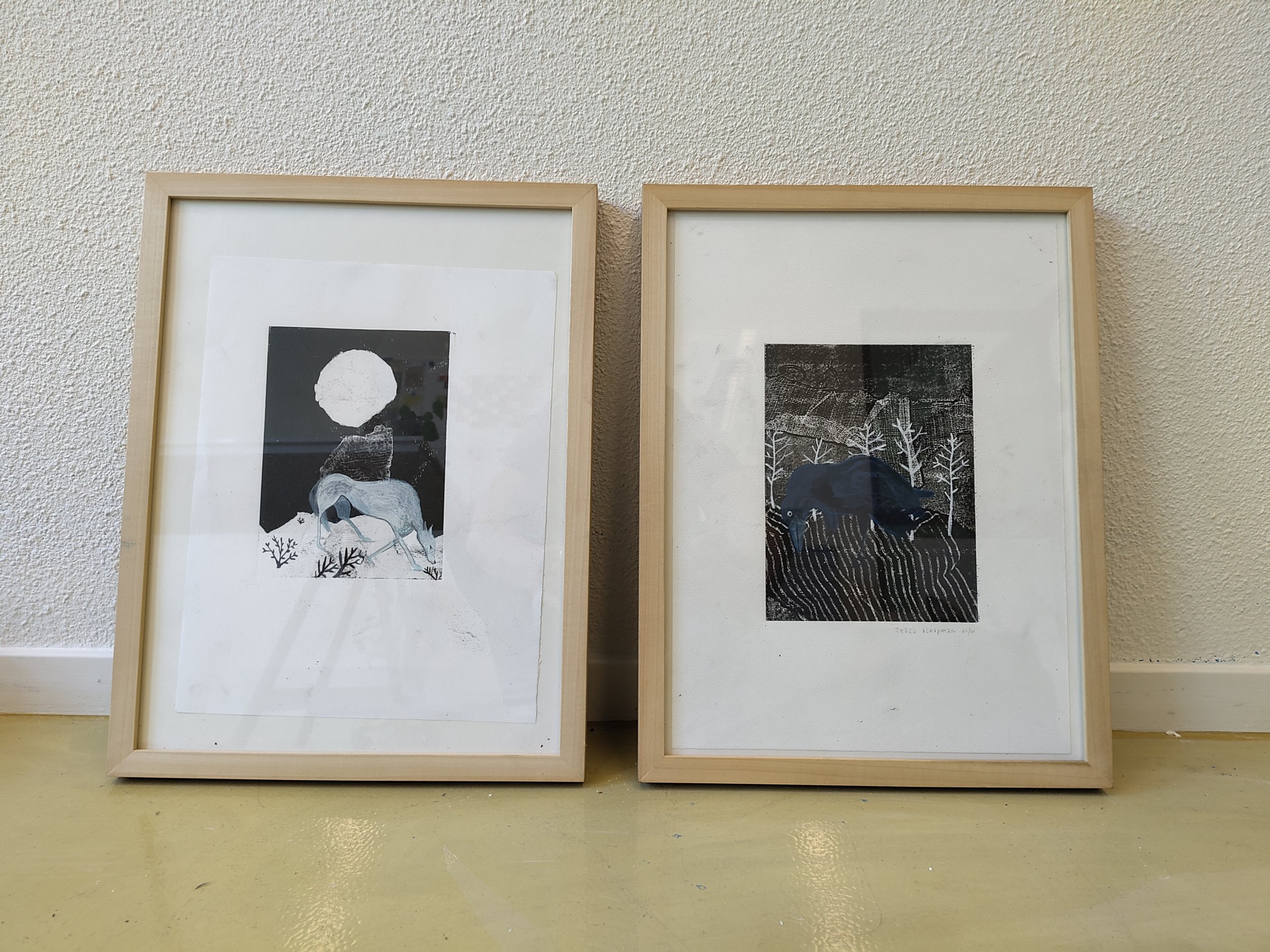 Wolf & ekster, monotype en gouache op papier, 20x30cm, (2024)