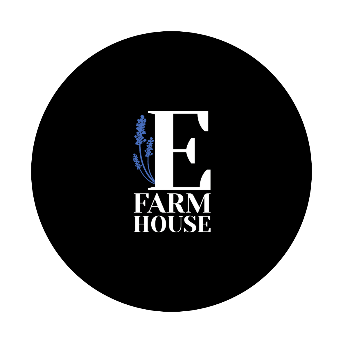 Logo con la lettera "E" affiancata da un ramo di lavanda blu, sotto c'è scritto "Farm House" su sfondo nero.