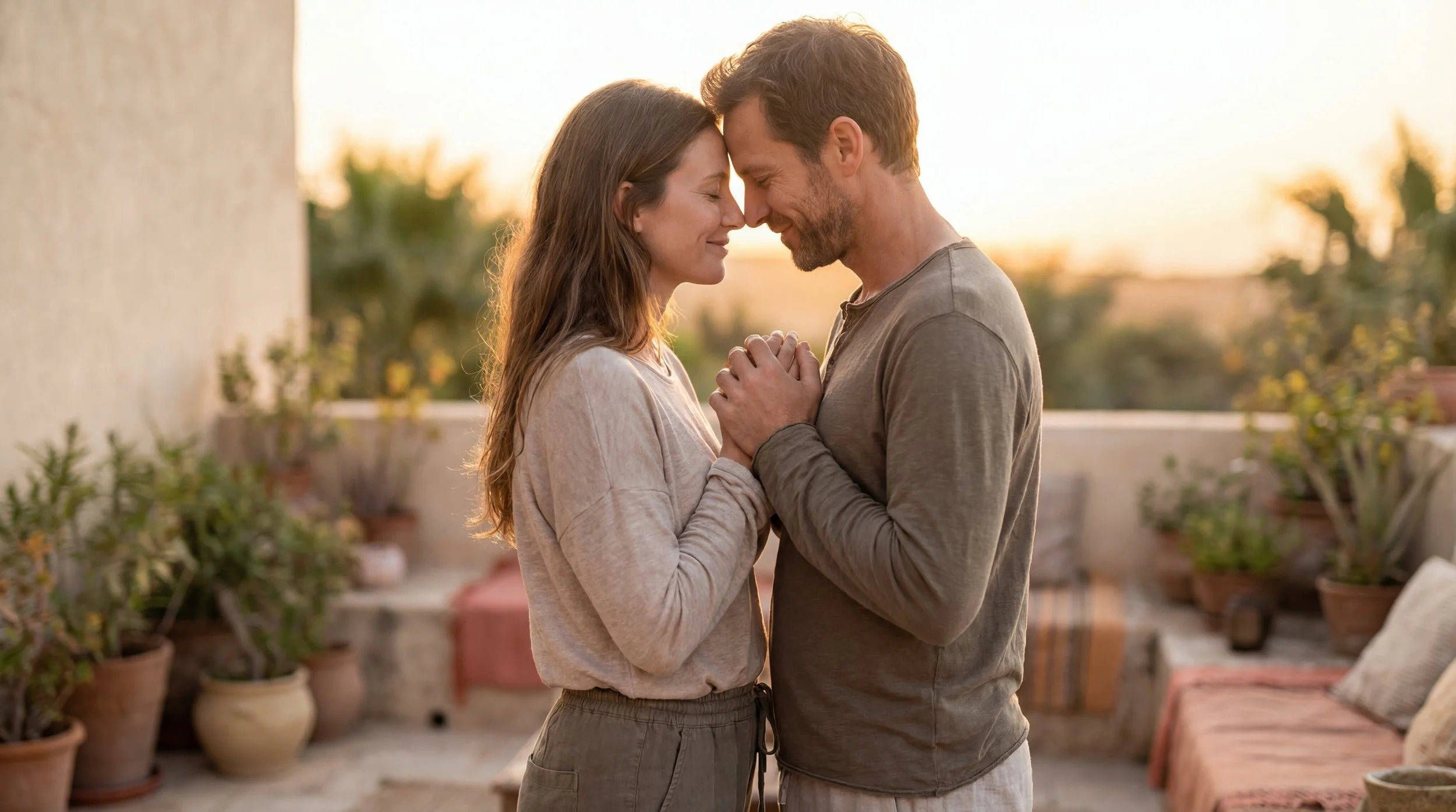 A couple, Dazlina Resort guests, standing forehead to forehead, eyes closed, gentle smiles, hands intertwined between them