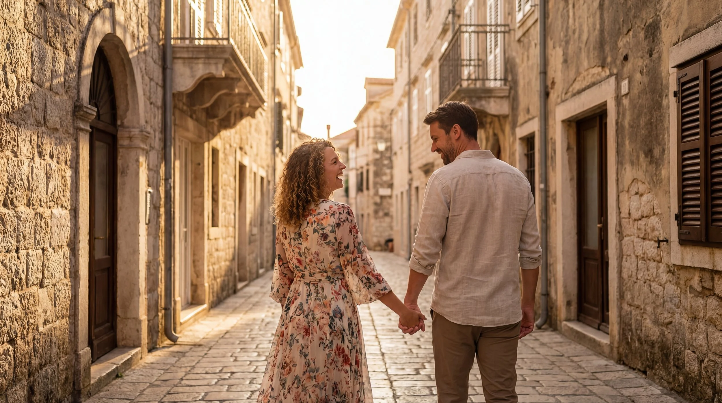 A couple walking hand in hand through ancient stone streets In Sibenik, Dazlina Resort guests.