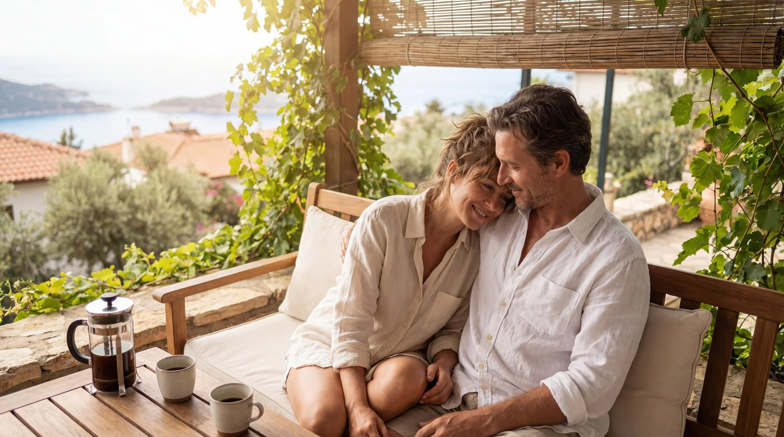 A couple sitting together on a sunlit terrace in the morning, coffee cups nearby in Dazlina Resort.