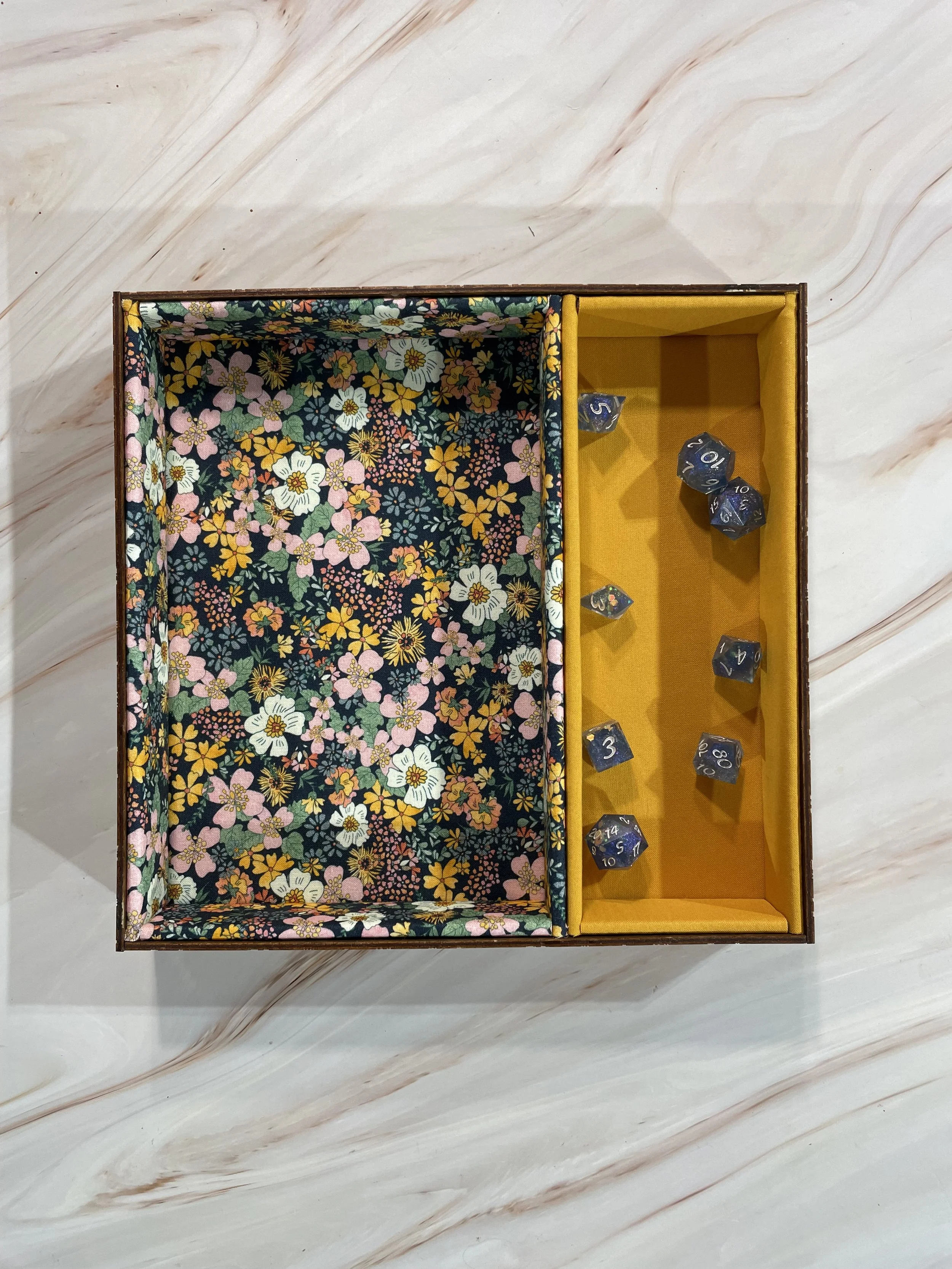 dice tray with floral fabric and a coordinating yellow section