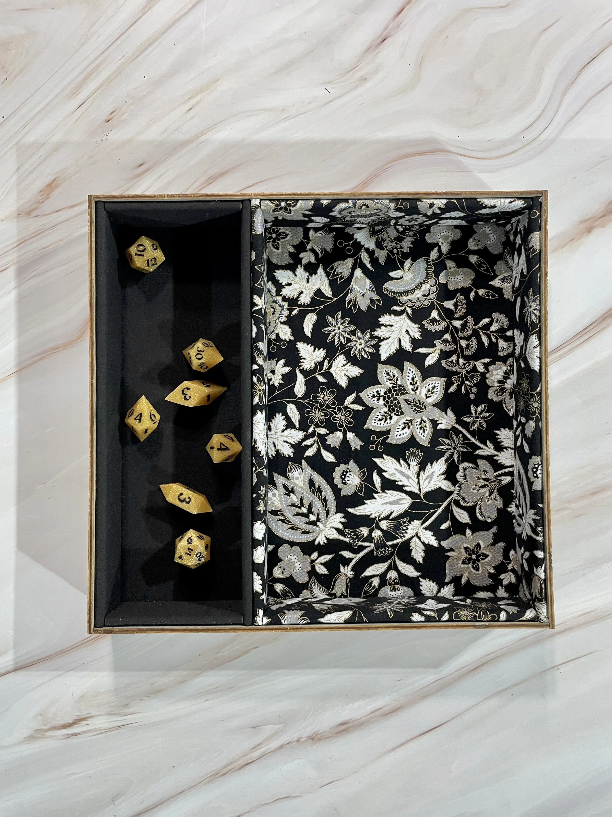 black and gold floral dice tray