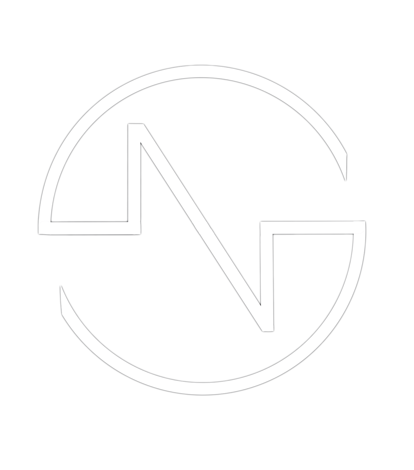 A stylized logo featuring a circle divided by a diagonal line with a zigzag or angular pattern, incorporating red, white, and black colors.