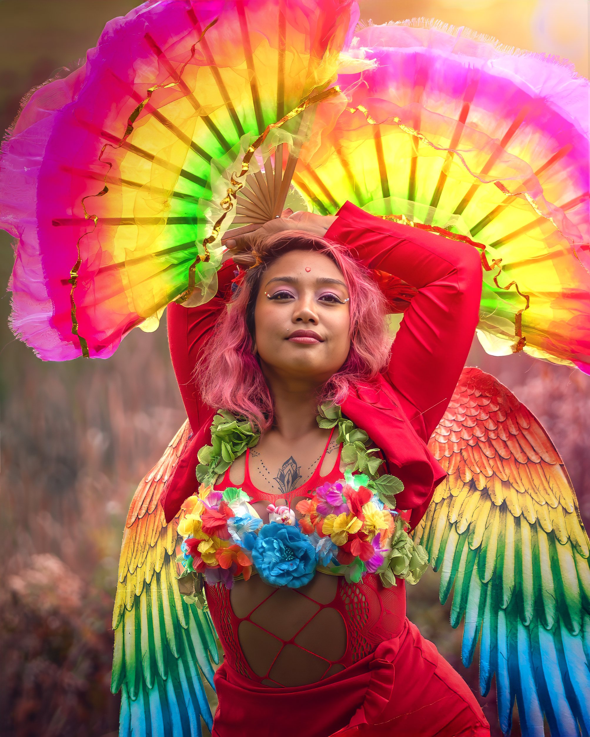 A woman with pink hair dressed in a colorful costume with rainbow wings, holding a rainbow parasol, outdoors with blurred background.