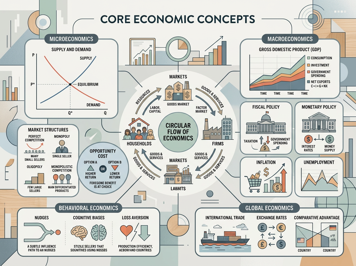 Diagram illustrating core economic concepts including microeconomics, macroeconomics, markets, household and firm behavior, and global economics. Features charts, graphs, and icons representing supply and demand, government policies, trade, and economic flow.