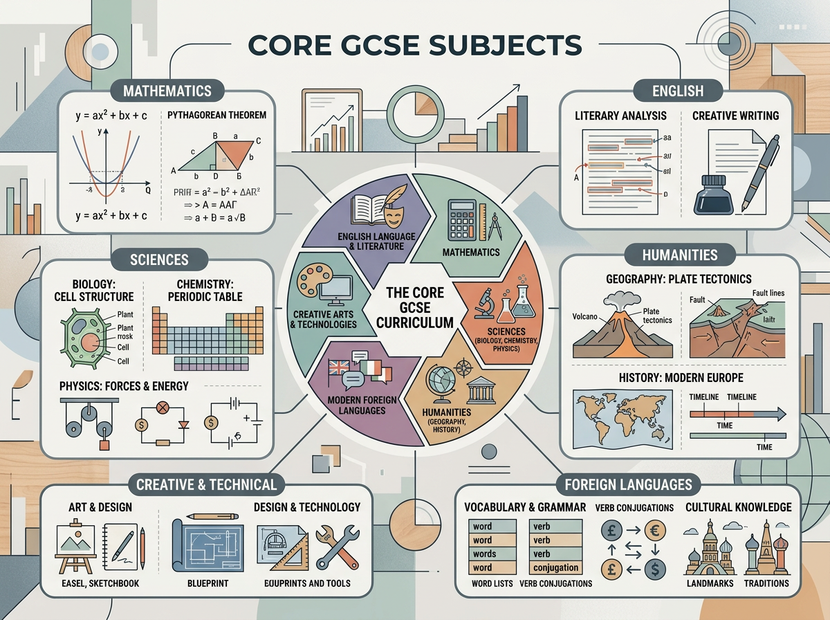 A colorful infographic displaying core GCSE subjects including Mathematics, English, Sciences, Humanities, Creative & Technical, and Foreign Languages, with descriptions and illustrations for each subject area.