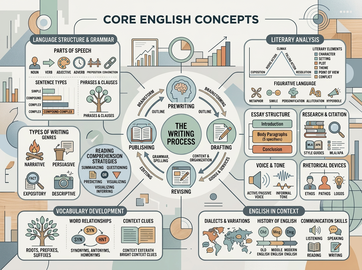Infographic titled Core English Concepts showing sections on language structure and grammar, literary analysis, figurative language, essay structure, research and citation, types of writing genres, reading comprehension strategies, vocabulary development, and English in context with illustrations and charts.