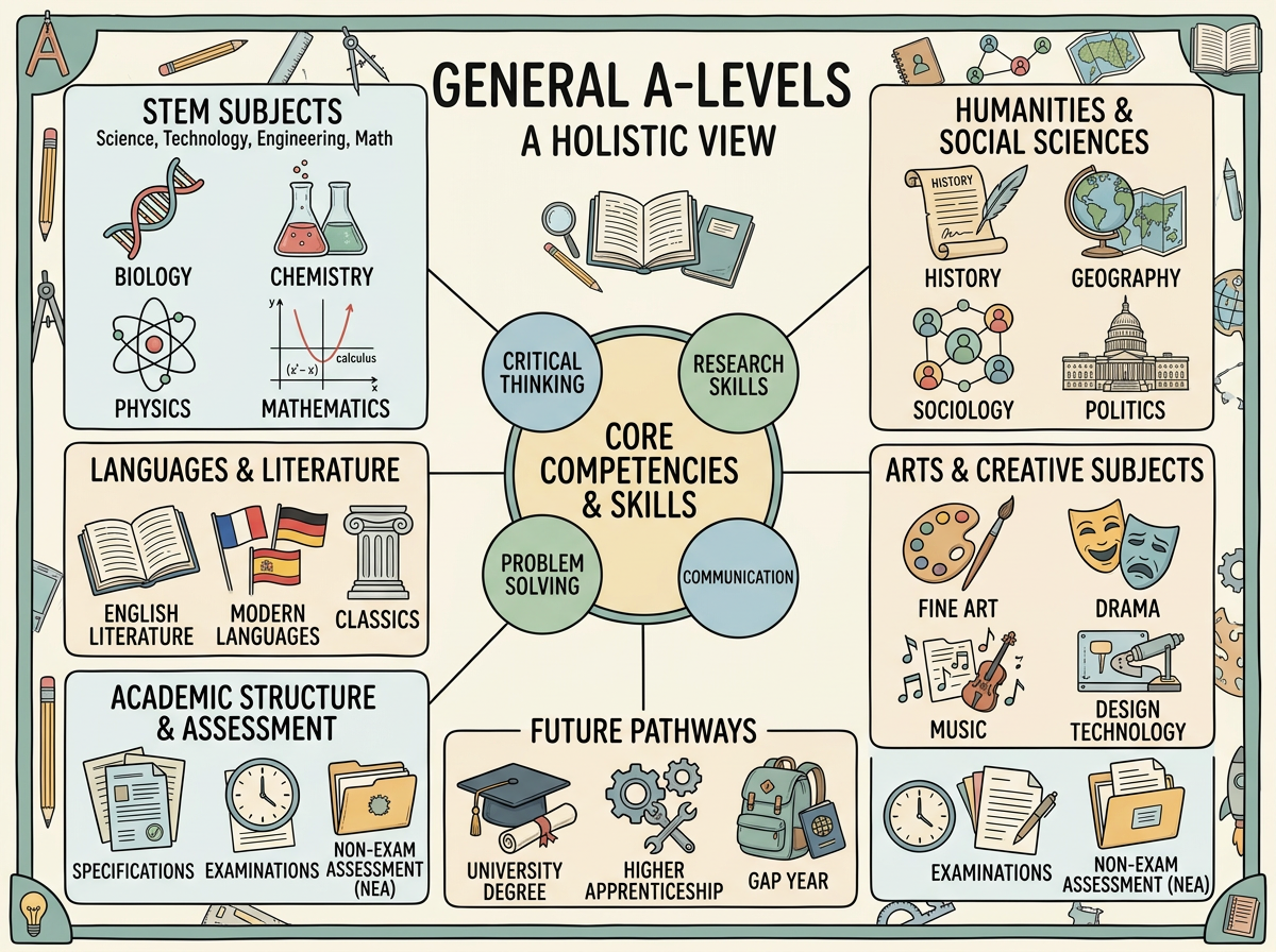 An infographic showing a holistic view of general A-levels, highlighting core competencies and skills like critical thinking, research skills, problem solving, and communication. It categorizes subjects into STEM, humanities and social sciences, arts and creative subjects, detail about academic structure and assessment, future pathways including university, higher apprenticeship, and gap year.