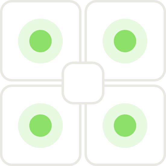 Quadrifoglio con quattro cerchi verdi su sfondo nero, centrato in un quadrato bianco.