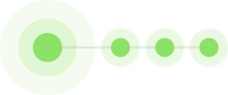 Cinque sfere verdi di dimensioni decrescenti allineate lungo una linea orizzontale su sfondo nero.