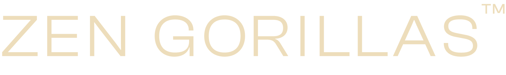 Logo with the words 'ZEN GORILLAS' in beige capital letters on a black background.