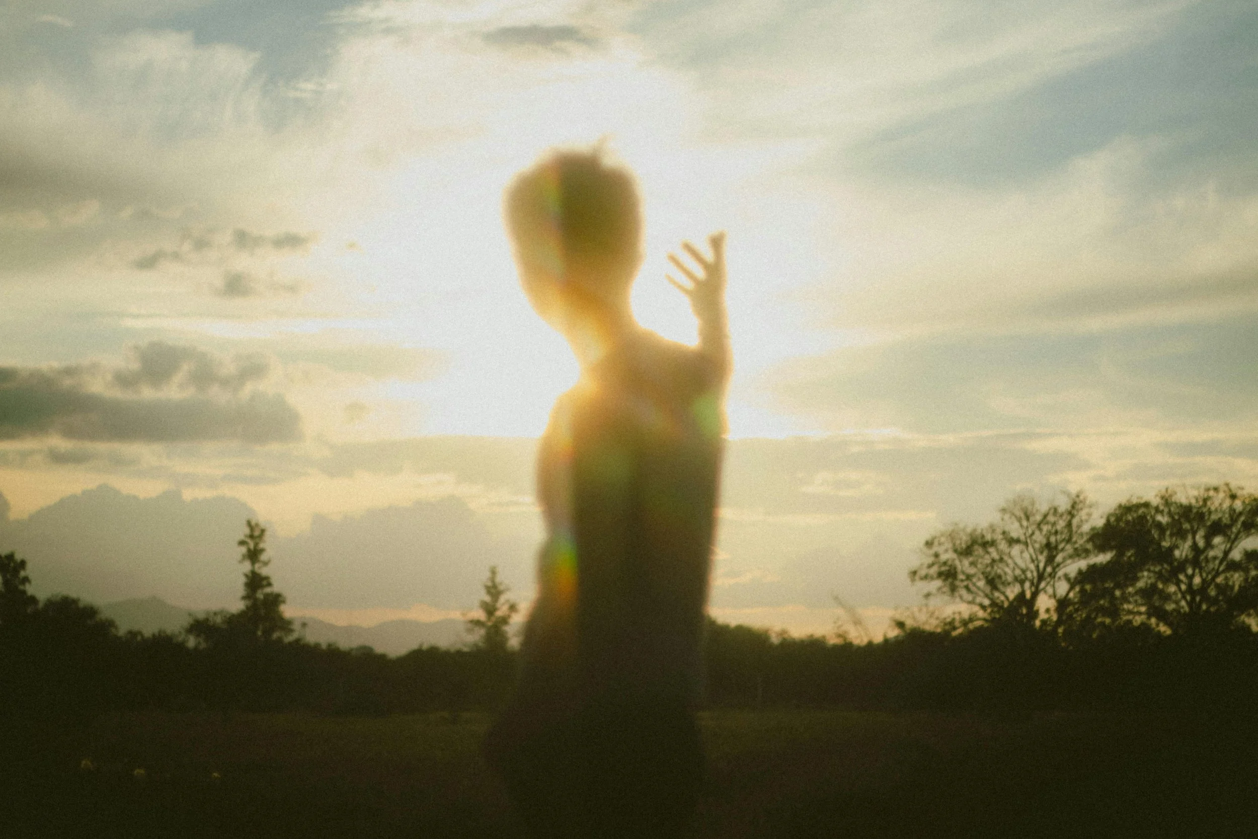 A person silhouette makes a peace sign with their hand in front of the setting sun in a natural landscape.