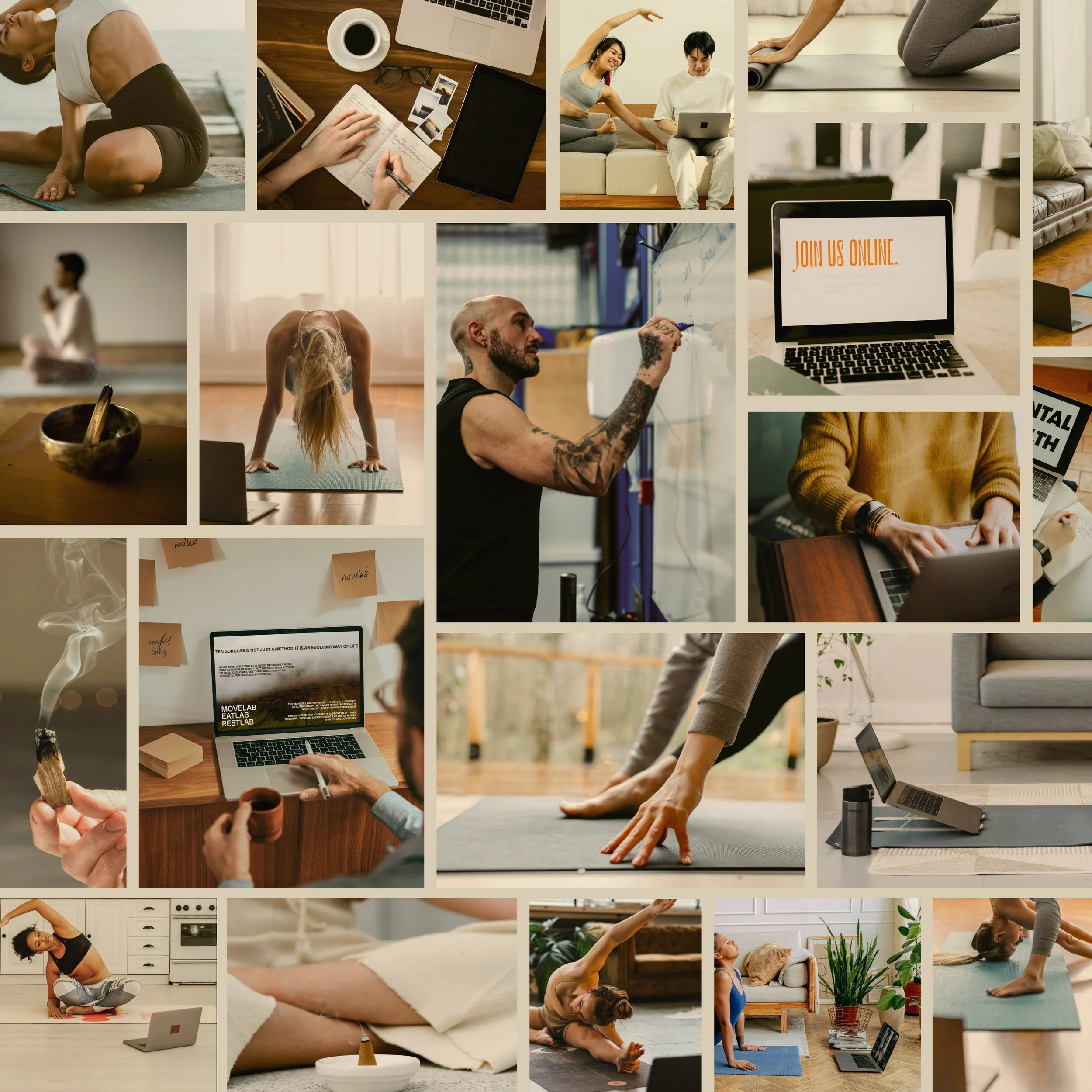 A collage of people engaging in various activities including yoga, working on laptops, drinking coffee, and studying, with some artwork, plants, and home interiors visible.