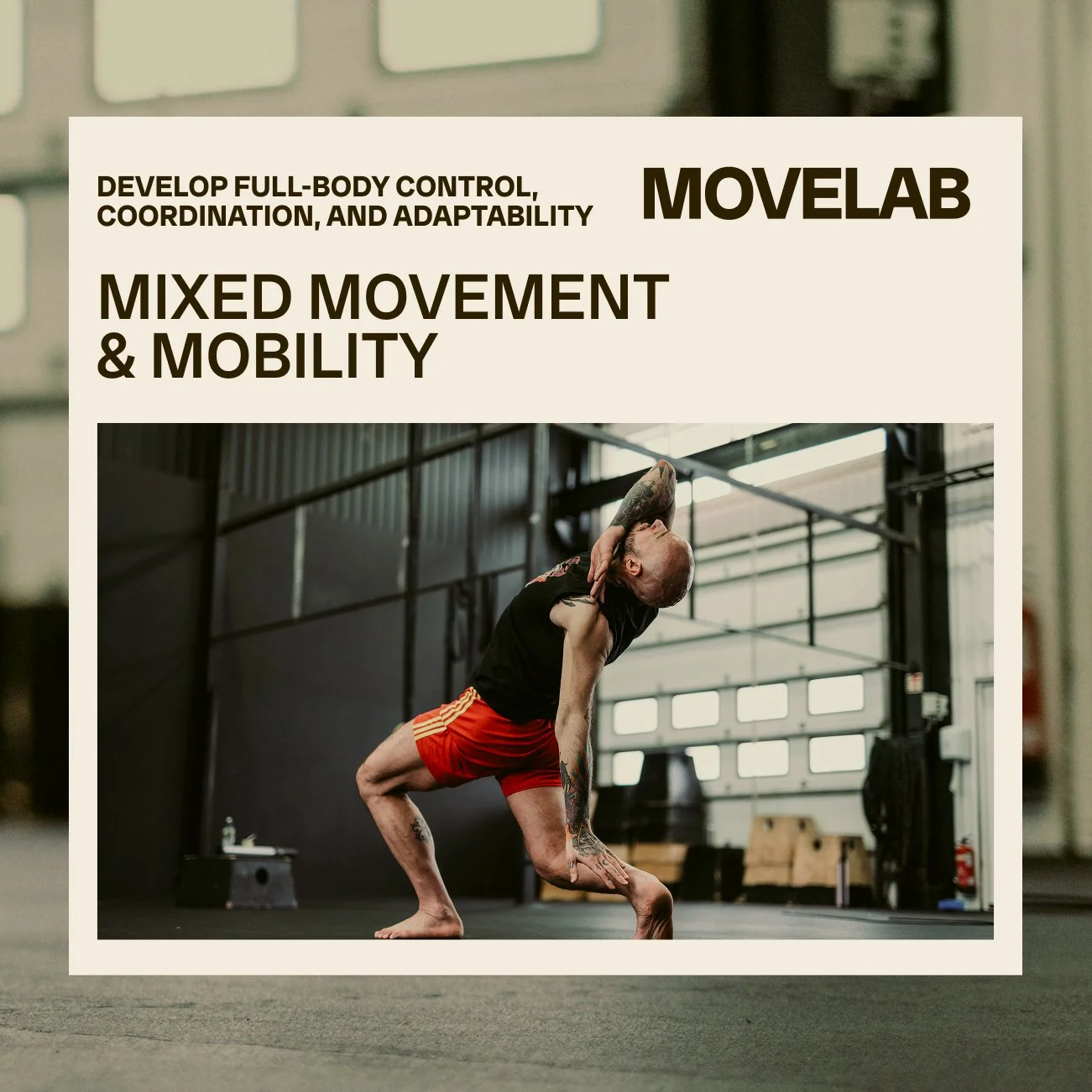 Promotional poster for MoveLab, featuring a man with tattoos in black shirt and red shorts performing an advanced yoga pose in a gym.
