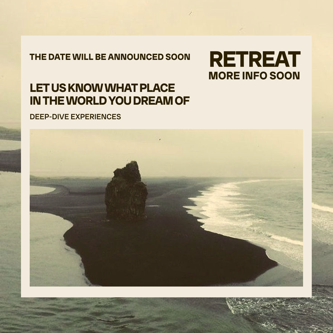A promotional flyer for a retreat featuring a beach landscape with a large rock formation, with text about the event and its details.