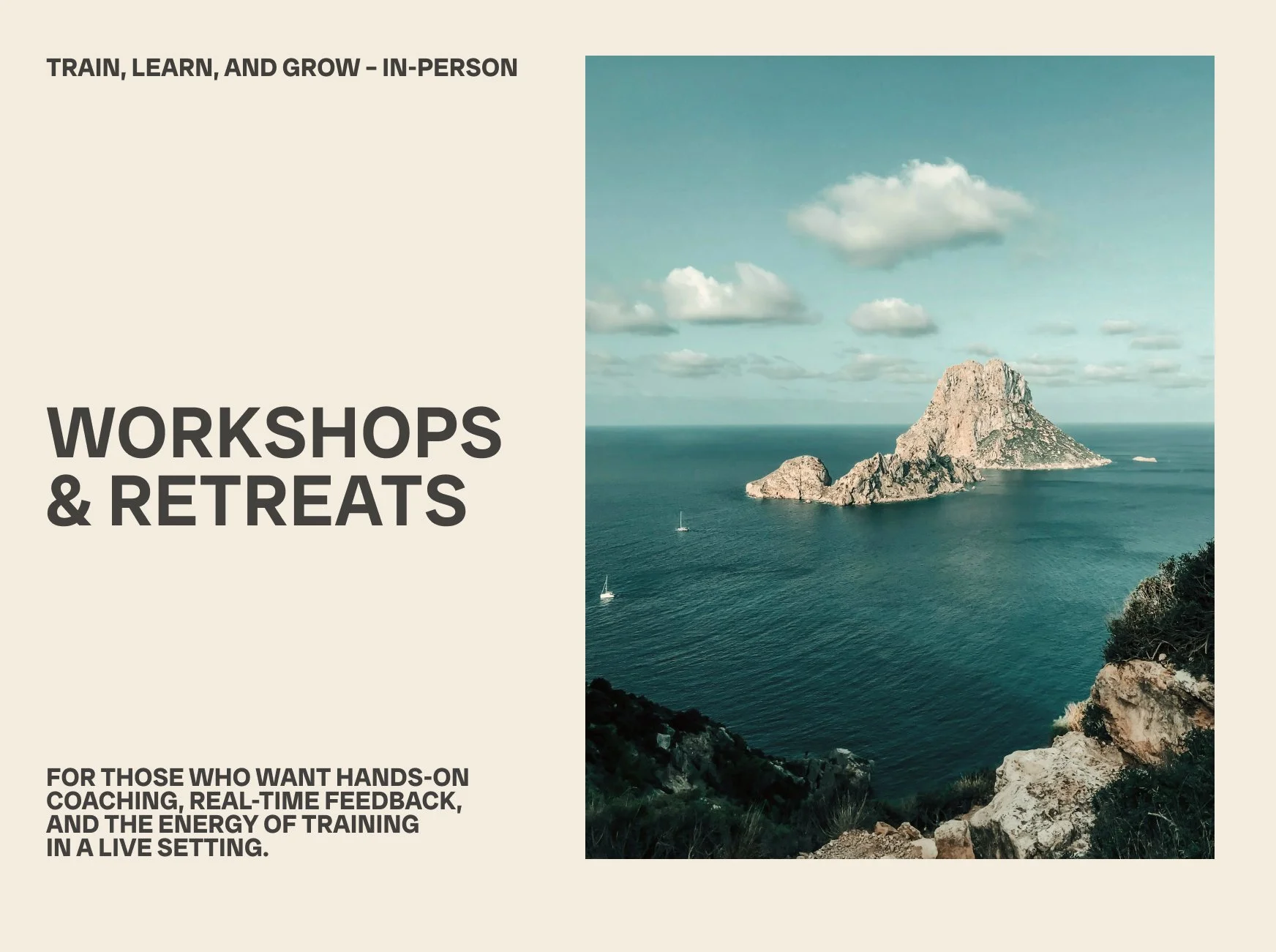 Flyer for in-person workshops and retreats featuring a scenic view of a large rock formation in the ocean with a partly cloudy sky, and text promoting hands-on coaching, real-time feedback, and live training energy.