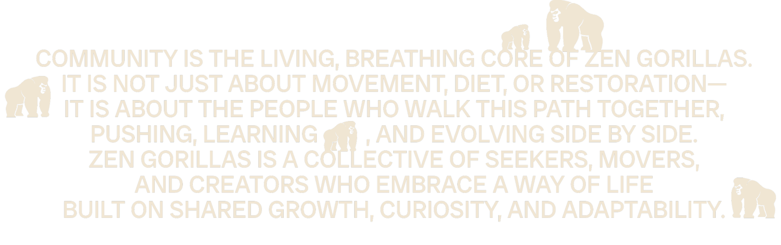 Quote about community and Zen Gorillas with images of several cartoon gorillas on black background.