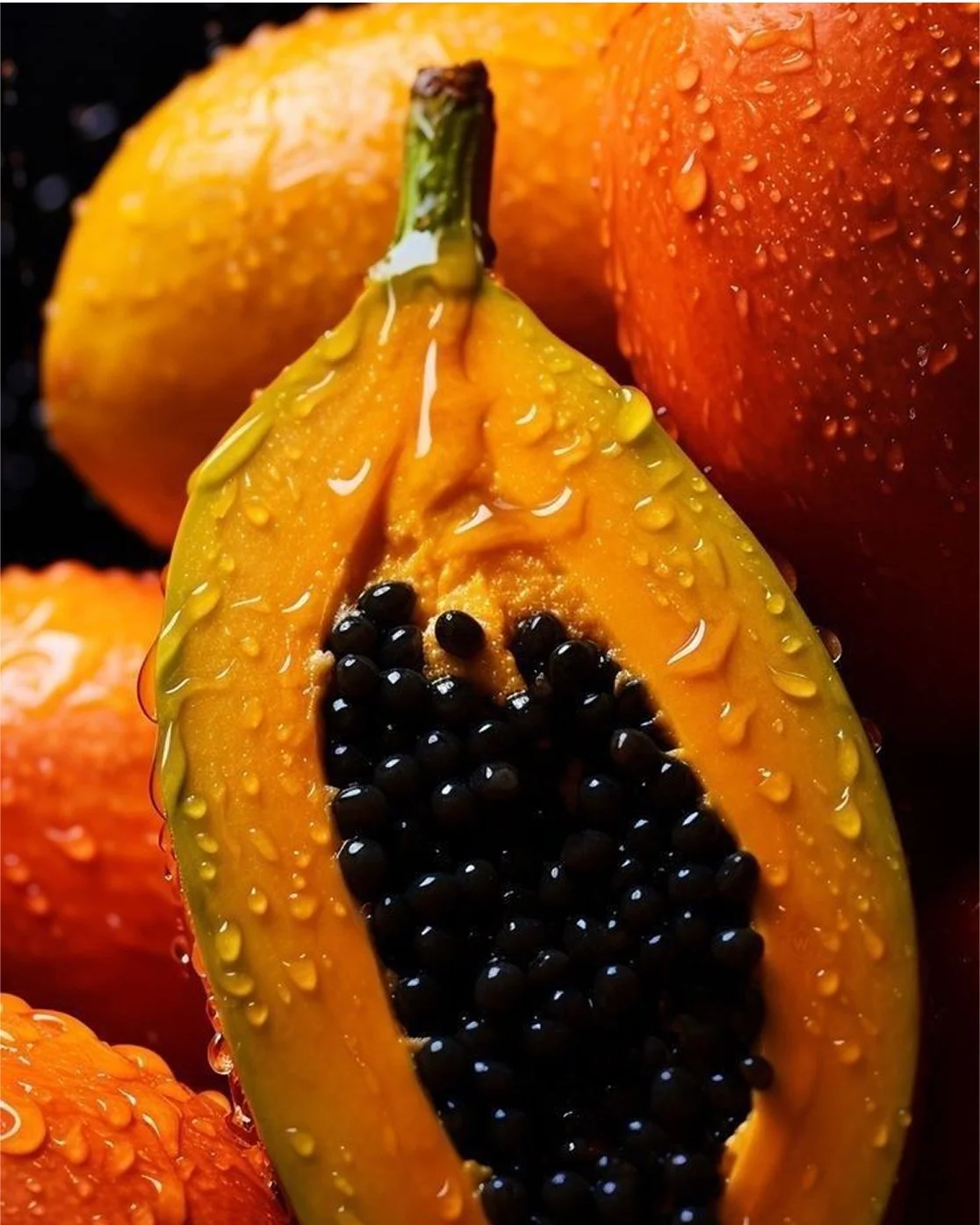 Close-up of a halved ripe papaya with black seeds inside, surrounded by whole orange papayas with water droplets on their surface.