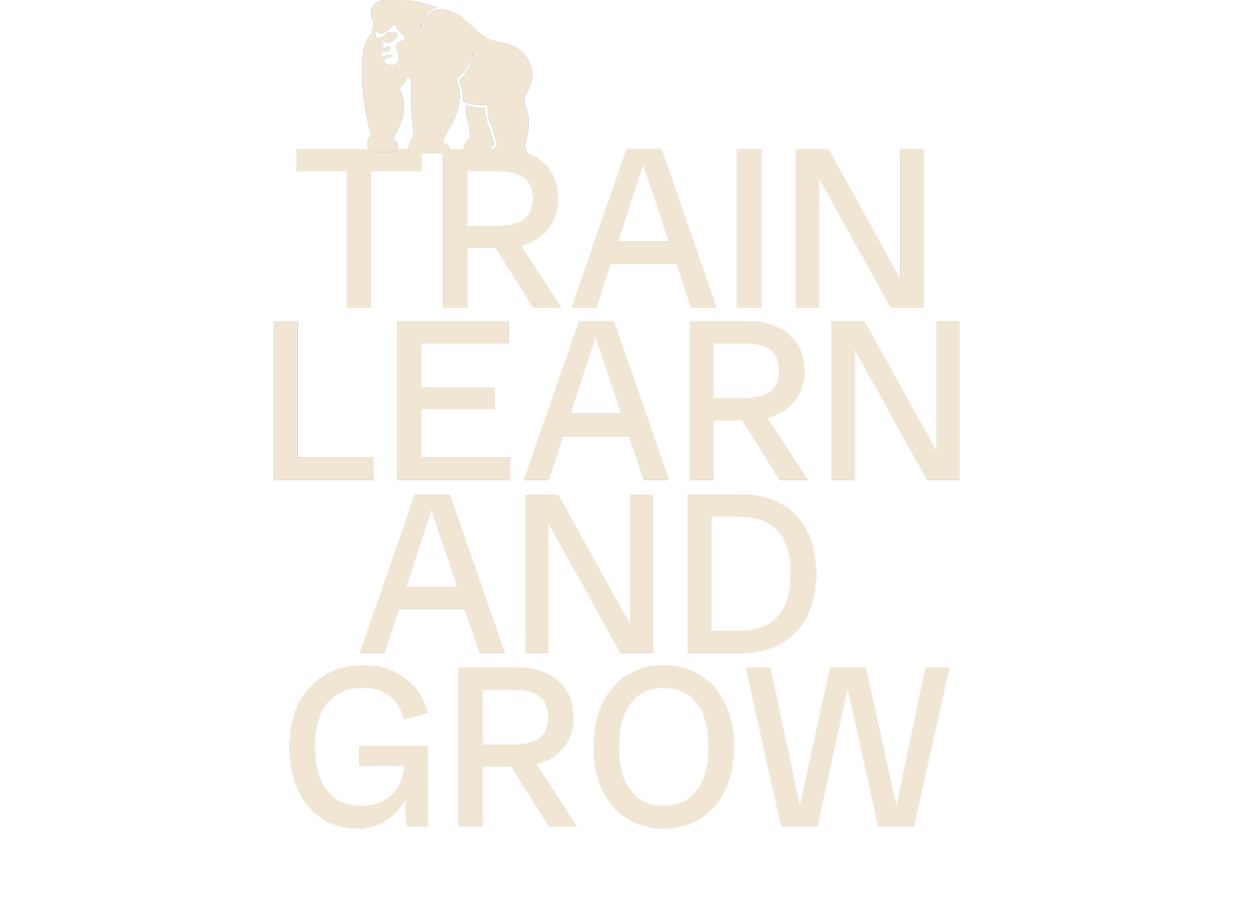 A logo with a gorilla illustration and the words 'Train Learn and Grow' in large beige letters on a black background.