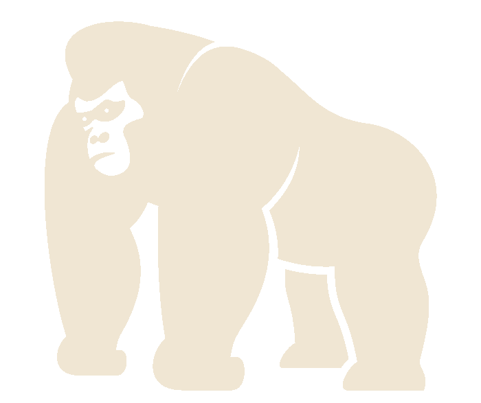 Illustration of a large, cartoon-style gorilla with a gray body and black face, standing on all fours against a black background.