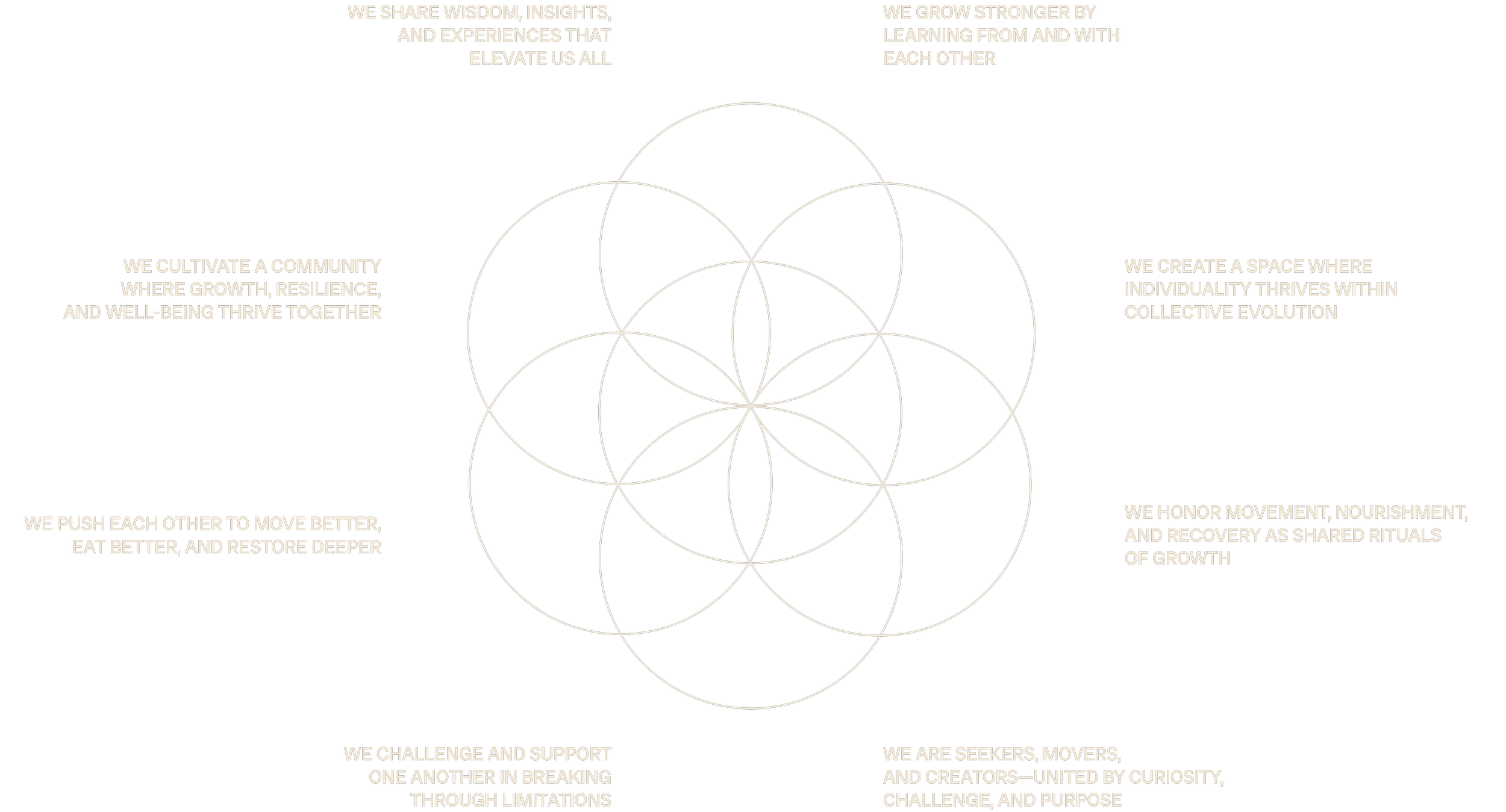 A black background graphic with white text arranged around seven interconnected circles. The text describes values related to community, growth, resilience, collective evolution, support, movement, and shared rituals of growth.