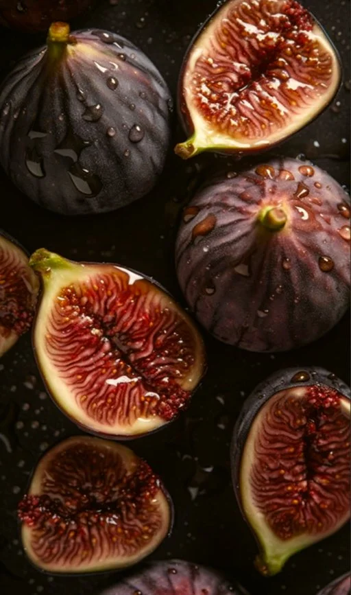 A close-up of fresh figs, some whole and some cut open, showing their ruby-red flesh and tiny seeds, with water droplets on the surface.