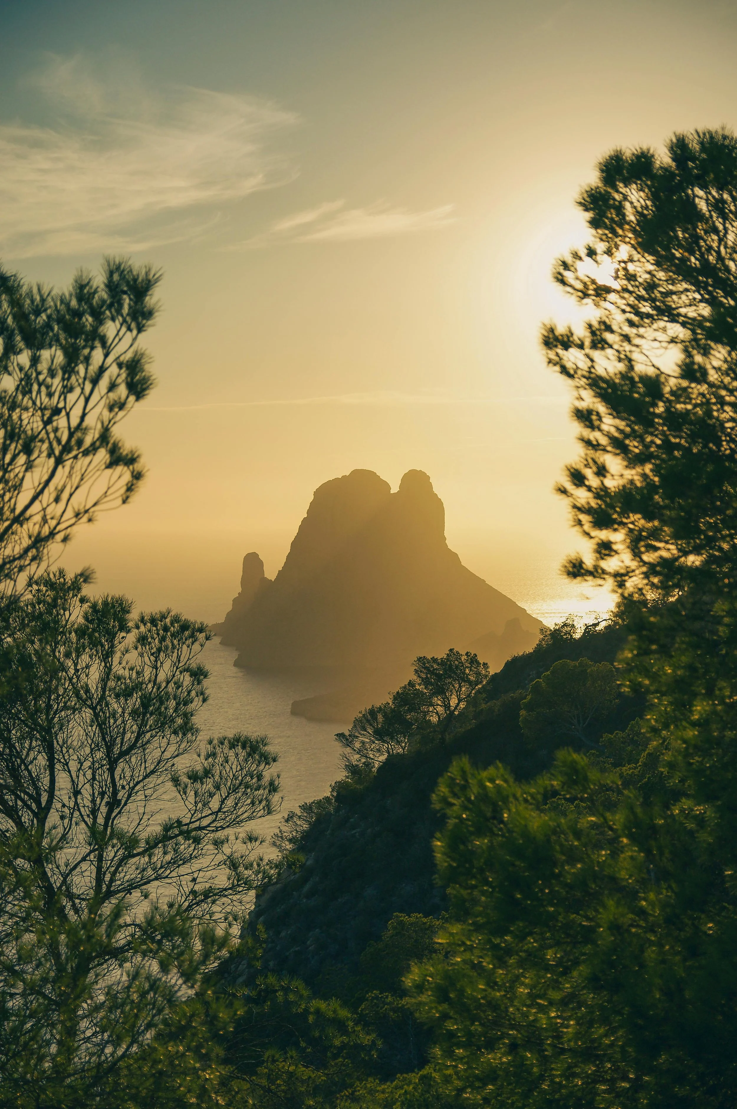 Sunset over a rocky island with surrounding water, framed by trees in the foreground.