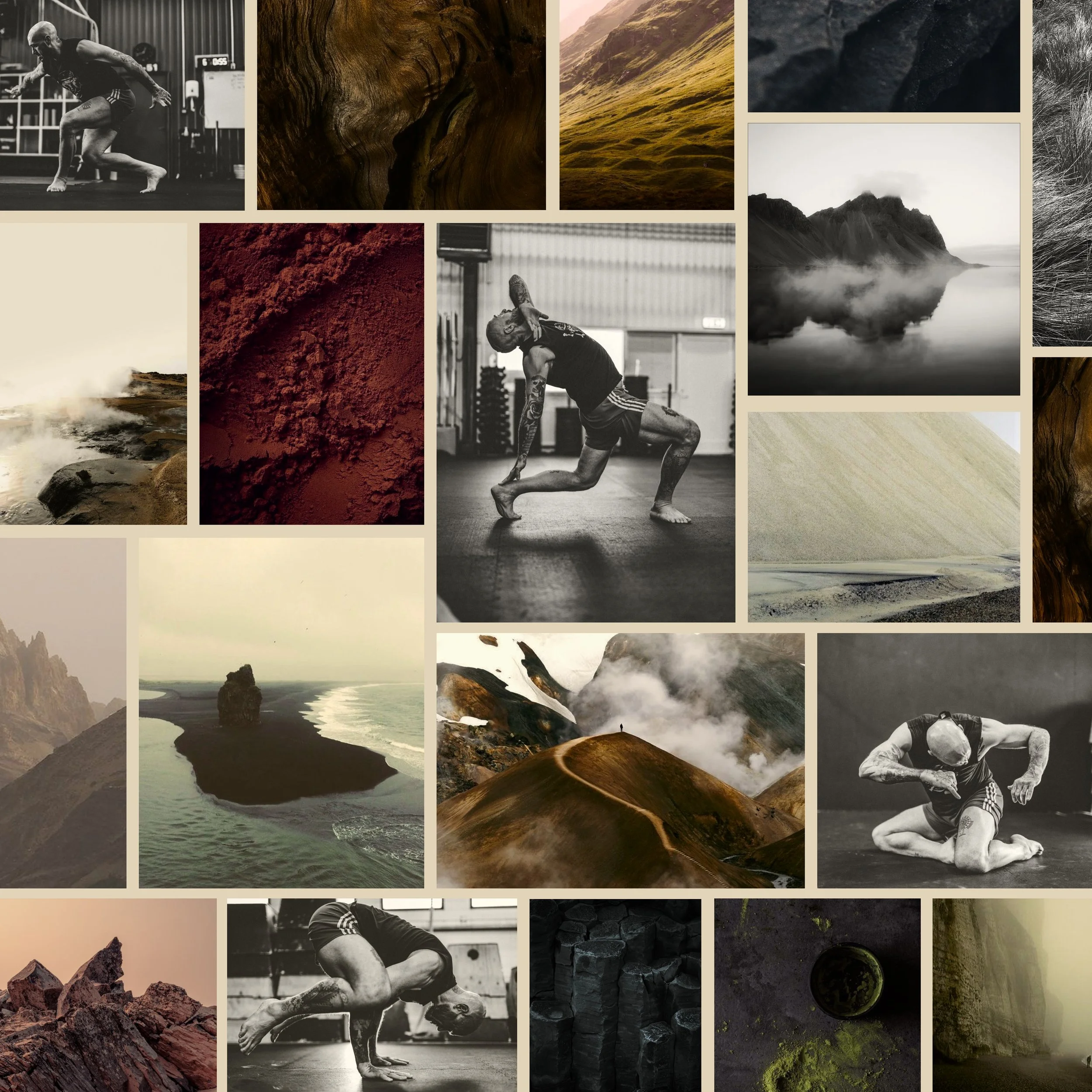 A collage of nature landscapes including mountains, coastlines, geysers, and rugged terrain, alongside images of athletes practicing martial arts and fitness activities.