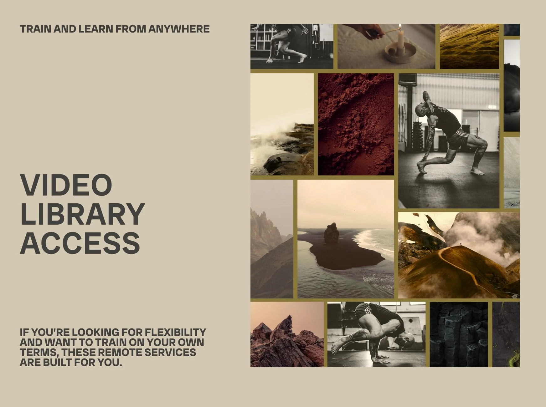 A promotional poster for a video library access service featuring a collage of outdoor landscapes, mountain scenes, ocean views, and people engaging in fitness activities, with text emphasizing flexible remote training options.