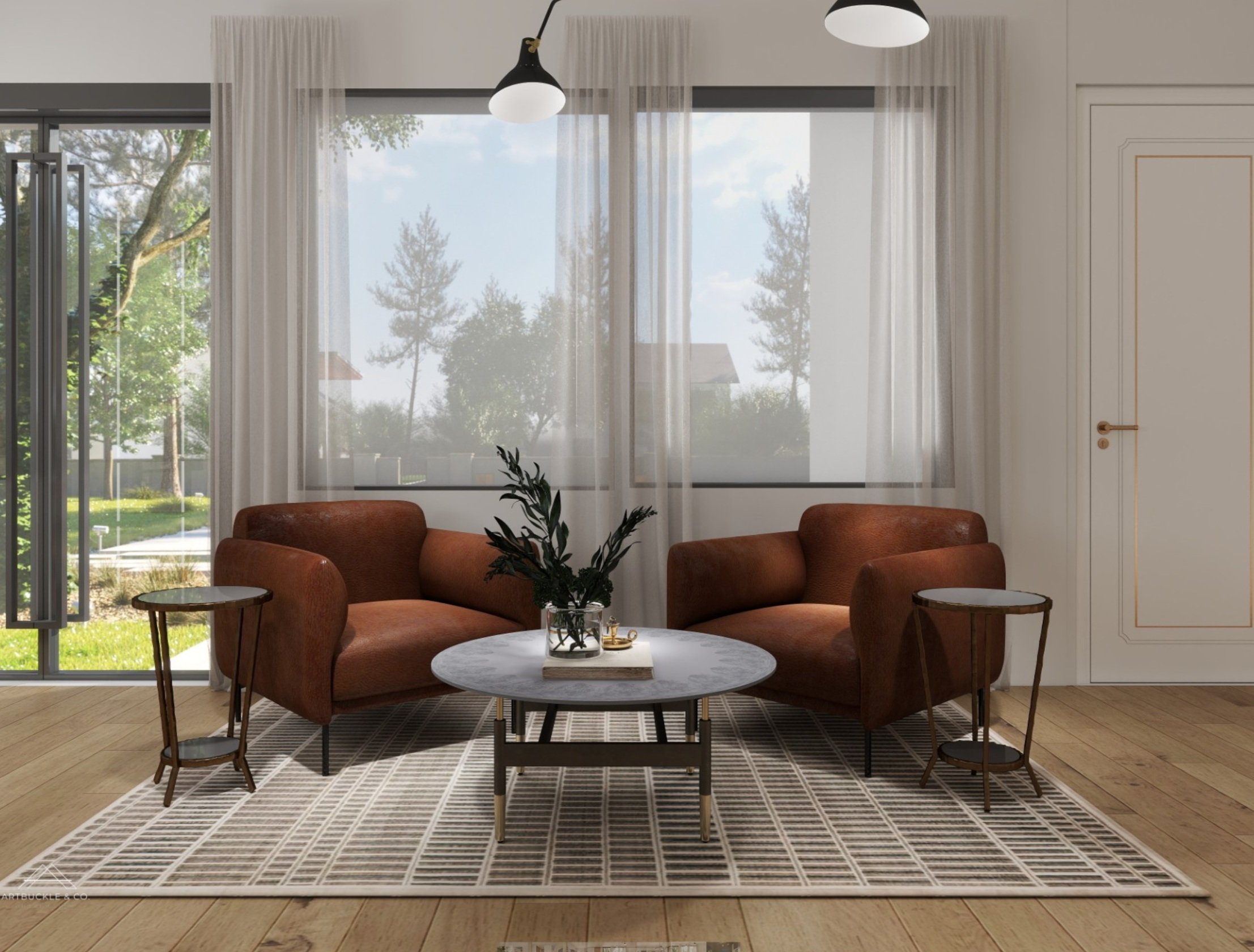Living room with two rust-colored armchairs, a round marble coffee table with a plant in a glass vase, and two side tables, with large windows and a sliding door showing a green outdoor space.