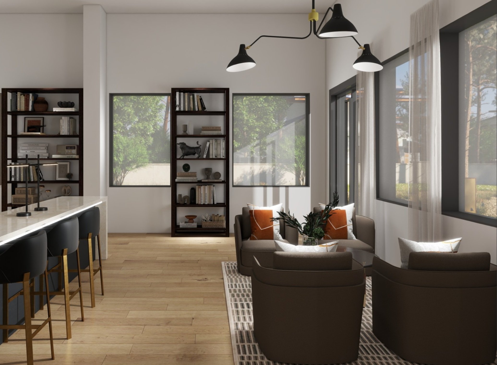 Modern living room with large windows, light wood flooring, black and white ceiling lights, a beige sofa with orange and white pillows, a black armchair, a round coffee table with a plant, and dark wooden bookcases filled with books and decorative it